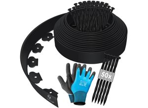 4255598311601 - KESSER® Flexible Rasenkante aus Kunststoff Länge 10m Höhe 5cm mit 50 Erdanker + Handschuhe Beeteinfassung Beetumrandung Beetbegrenzung Mähkante Pflastersteine Palisade