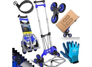 4255598312226 - MASKO® Stufen-Sackkarre Treppenkarre Klappbar 80 kg Tragkraft 3x3 Treppensteiger inkl Rädern + 2 Expanderseile + Handschuhe - höhenverstellbarer Griff - Aluminium Handkarre für Transportkarre