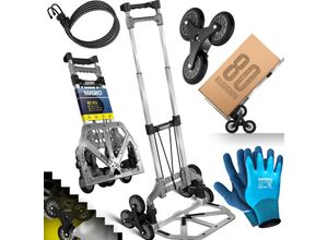 4255598312240 - MASKO® Stufen-Sackkarre Treppenkarre Klappbar 80 kg Tragkraft 3x3 Treppensteiger inkl Rädern + 2 Expanderseile + Handschuhe - höhenverstellbarer Griff - Aluminium Handkarre für Transportkarre