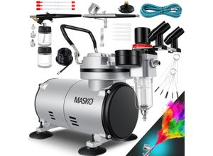 4255598312929 - MASKO® Airbrush-Set mit Kompressor 4 bar inkl Airbrush-Pistolen Lackierpistole Komplett-Set Tattoo Kunst Malerei Nadeln & Düsen im Zubehör Multifunktions Dual-Set mit Manomter & Luftfilter