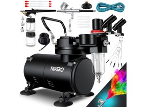 4255598312936 - MASKO® Airbrush-Set mit Kompressor 4 bar inkl Airbrush-Pistolen Lackierpistole Komplett-Set Tattoo Kunst Malerei Nadeln & Düsen im Zubehör Multifunktions Dual-Set mit Manomter & Luftfilter