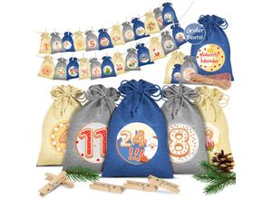 4255598315319 - KESSER® Adventskalender zum Befüllen 24 Jutebeutel Gedruckte Stoffbeutel Kinder Weihnachtskalender zum Selber Befüllen Inkl 24x Schildchen + 1 Großer Aufbewahrungsbeutel Stoff