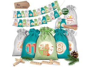 4255598315340 - KESSER® Adventskalender zum Befüllen 24 Jutebeutel Gedruckte Stoffbeutel Kinder Weihnachtskalender zum Selber Befüllen Inkl 24x Schildchen + 1 Großer Aufbewahrungsbeutel Stoff