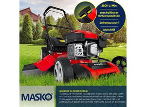 4255598325257 - MASKO® Benzin Rasenmäher 5in1 Radantrieb EasyClean Reinigungsfunktion Mulchfunktion Seitenauswurf hohe Schnittbreite 8-fache Schnitthöhenverstellung 4 Takt Motor inkl Fangkorb