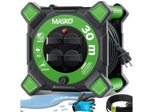 4255598333085 - MASKO® Kabeltrommel Verlängerungskabel mit Schutzkontaktsteckdosen & Wickelgriff Outdoor Kabelaufroller Thermoschutz Gerätetrommel IP44 1000W ~ 3000W inkl Tragegriff und Montagehandschuhe