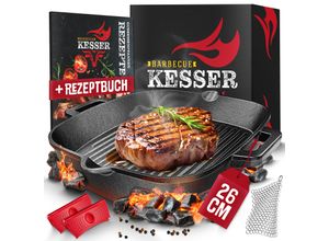 4255598338547 - KESSER® Gusseisenpfanne Gusseisen Bratpfanne Induktion Cast Iron Pan für Gasgrill Backofen Kohlegrill Steakpfanne voreingebrannt Inkl Schutzgriffe Rezeptbuch und Ringreiniger