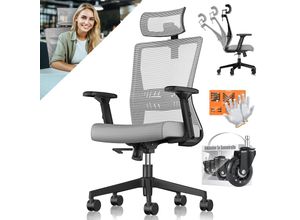 4255598338707 - KESSER® Bürostuhl mit verstellbaren Armlehnen Drehstuhl mit Lendenwirbelstütze Rückenschonend Schreibtischstuhl ergonomisch mit Kopfstütze Office Chair Wippfunktion bis 125° mit 5x Gummirollen