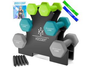 4255598353991 - KESSER® Hantel-Set 3 Paar 1kg - 5kg 12kg oder 18kg kurzhanteln mit Ständer Aufbewahrung Fitnessstudio Krafttraining Hantelset rutschfeste Neopren Mit Übungsheft 2x Fitnessbänder