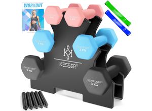 4255598354004 - KESSER® Hantel-Set 3 Paar 1kg - 5kg 12kg oder 18kg kurzhanteln mit Ständer Aufbewahrung Fitnessstudio Krafttraining Hantelset rutschfeste Neopren Mit Übungsheft 2x Fitnessbänder