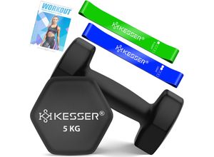 4255598354059 - KESSER® Hanteln Hantelset 2er Set 2kg - 5kg farbig Kurzhanteln Neopren Hexagon Krafttraining Workout Fitnesstraining für Zuhause Mit Übungsheft 2x Fitnessbänder