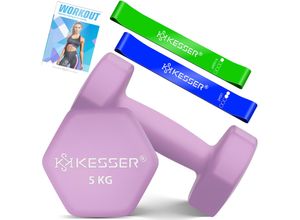 4255598354073 - KESSER® Hanteln Hantelset 2er Set 2kg - 5kg farbig Kurzhanteln Neopren Hexagon Krafttraining Workout Fitnesstraining für Zuhause Mit Übungsheft 2x Fitnessbänder