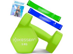 4255598354141 - KESSER® Hanteln Hantelset 2er Set 2kg - 5kg farbig Kurzhanteln Neopren Hexagon Krafttraining Workout Fitnesstraining für Zuhause Mit Übungsheft 2x Fitnessbänder