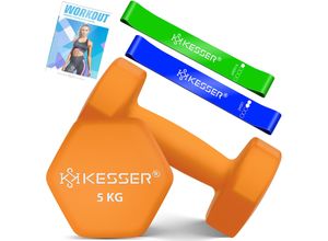 4255598354165 - KESSER® Hanteln Hantelset 2er Set 2kg - 5kg farbig Kurzhanteln Neopren Hexagon Krafttraining Workout Fitnesstraining für Zuhause Mit Übungsheft 2x Fitnessbänder