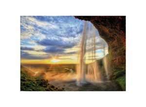 4255603546677 - Leinwandbild Maritim 50 x 70 cm - Wandbild Wasserfall Blau Orange - Keilrahmen Landschaften Wohnzimmerdeko Wanddeko Wandgemälde