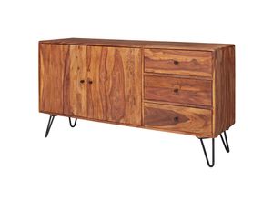 4255632531736 - Sheesham Sideboard 145x75x40 cm Landhausstil 3 Schubladen & 2 Türen Haarnadelbeine