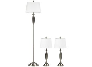 4255633511034 - Homcom - 3-teiliges Stehlampen-Set inkl 1 Stehleuchte 2 Tischleuchten Tischlampen-Set mit E27 Fassung für Wohnzimmer Schlafzimmer Silber+Weiß