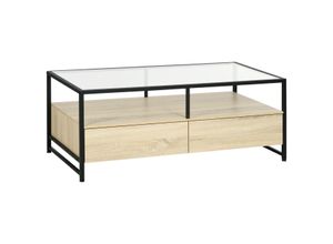 4255633530851 - Couchtisch Beistelltisch mit Schublade Kaffeetisch mit Stauraum Sofatisch mit Tischplatte aus Glas für Wohnzimmer Stahl Eiche 118 x 58 x 47 cm