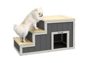 4255633543318 - Pawhut - 2-in-1 Hundetreppe Katzentreppe mit Höhle Haustiertreppe mit 3 Stufen Haustierrampe aus Holz Katenleiter bis 30 kg Belastbar für Sofa