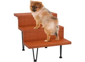 4255633543332 - Pawhut - Hundetreppe 3 Stufige Katzentreppe aus Holz Haustiertreppe Haustierleiter mit Stahlbeine Hundeleiter für kleine Hunde bis 10 kg Walnuss