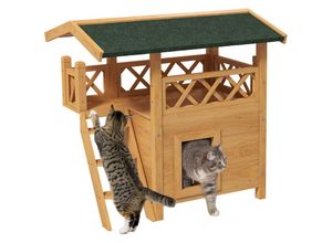 4255633545206 - Pawhut - Katzenhaus mit Asphaltdach 2-stöckig Katzenhütte mit Balkon Katzenvilla mit Treppe Massivholz Natur 77 x 50 x 73 cm - Natur+Grün