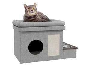 4255633545725 - Pawhut - Katzenhaus Futterplatz mit 2 Edelstahlnäpfen Kratzmatte weiches Liegekissen 78 x 48 x 495 cm grau - Grau