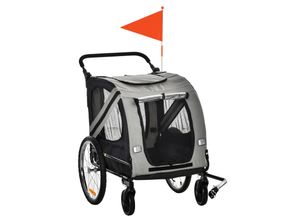 4255633546630 - 2-in-1 Hundewagen und Anhänger mit Luftpumpe und roter Fahne grau 140L x 725B x 108H cm