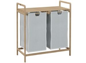 4255633549709 - Wäschekorb mit 2 Waschsäcken 1 Ablage Bambus 635 cm x 33 cm x 73 cm Hellgrau + Natur - Naturholz+Creme