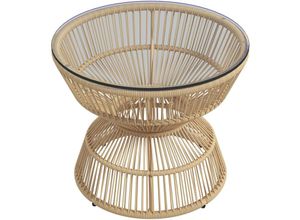 4255633553270 - Outdoor-Beistelltisch Gartentisch Rattan-Beistelltisch Glasplatte PE-Rattan 60 cm x 60 cm x 50 cm Natur - Naturholz