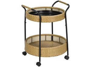 4255633557704 - Servierwagen Rattan Trolley mit 2 Regalen Gartenrollwagen Runde Küchenwagen mit Griffen Outdoor Barwagen für Balkon Stahlrahmen Natur Φ50 x 66