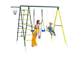 4255633564733 - - Kinderschaukel-Gerüst mit 2 Schaukeln Basketballkorb Kletterleiter 267x180x202 cm Gelb - Gelb+Grün