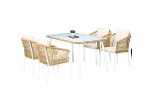 4255633565136 - 5-tlg Rattan Gartenmöbel Set Esstisch mit 4 Stapelstühlen Kissen Gelb