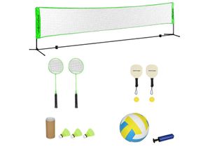 4255633581938 - SPORTNOW Badminton Set Badmintonnetz mit Ständer Federbällen 4 Schlägern Stahl