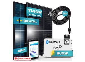 4255656221149 - SUNNIVA® 1144W Balkonkraftwerk 800W komplett Steckdose FOX ESS 800W Wechselrichter PV Solaranlage Komplettset 2x 440W BIFAZIAL BLACK Frame Single Glas Solarmodule inkl 5m Kabel - Bluetooth 4255656221149 - SUNNIVA® 1144W Balkonkraftwerk 800W komplett Steckdose FOX ESS 800W Wechselrichter PV Solaranlage Komplettset 2x 440W BIFAZIAL BLACK Frame Single Glas Solarmodule inkl 5m Kabel - Bluetooth