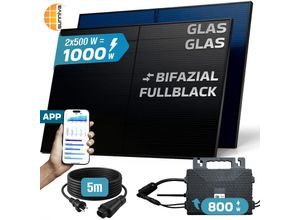 4255656236112 - SUNNIVA® 1000W Balkonkraftwerk BIFAZIAL FULLBLACK komplett Steckdose ASTRO-E 800 Watt Wechselrichter PV Solaranlage Komplettset 2x 500W N-Type Glas-Glas Bifacial Solarmodule 5m Kabel & 4x 1m Solarkabel