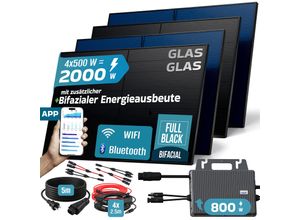4255656236266 - SUNNIVA® 2000W Balkonkraftwerk BIFAZIAL FULLBLACK komplett Steckdose TSUN 800W Wechselrichter PV Solaranlage 4x 500W Glas-Glas Solarmodule inkl 5m Kabel Bluetooth WIFI Komplettset