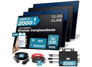 4255656236297 - SUNNIVA® 2000W Balkonkraftwerk BIFAZIAL FULLBLACK komplett Steckdose ASTRO-E 2000 Watt Wechselrichter PV Solaranlage Komplettset 4x 500W N-Type Glas-Glas Bifacial Solarmodule 5m Kabel & 4x 25m Solarkabel