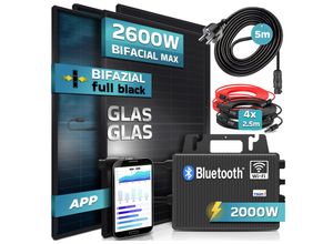 4255656236525 - SUNNIVA® 2600W Balkonkraftwerk 2000W komplett Steckdose TSUN 2000W Wechselrichter PV Solaranlage Komplettset 4x 500W BIFAZIAL FULL BLACK Glas-Glas Solarmodule inkl5m Kabel Bluetooth 4255656236525 - SUNNIVA® 2600W Balkonkraftwerk 2000W komplett Steckdose TSUN 2000W Wechselrichter PV Solaranlage Komplettset 4x 500W BIFAZIAL FULL BLACK Glas-Glas Solarmodule inkl5m Kabel Bluetooth