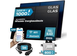 4255656236600 - SUNNIVA® 1000W Balkonkraftwerk BIFAZIAL FULLBLACK komplett Steckdose BENY 800W Wechselrichter PV Solaranlage 2x 500W Glas-Glas Solarmodule inkl 5m Kabel WIFI Komplettset 4255656236600 - SUNNIVA® 1000W Balkonkraftwerk BIFAZIAL FULLBLACK komplett Steckdose BENY 800W Wechselrichter PV Solaranlage 2x 500W Glas-Glas Solarmodule inkl 5m Kabel WIFI Komplettset