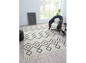 4255663123658 - Hochflor-Teppich MYFLAIR MÖBEL & ACCESSOIRES Moroccan Mural Teppiche Gr B L 200 cm x 290 cm 24 mm 1 St schwarz-weiß (weiß schwarz) Fransenteppich Esszimmerteppiche modern marokkanisches Design flauschig weich mit Fransen