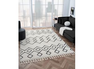 4255663123665 - Hochflor-Teppich MYFLAIR MÖBEL & ACCESSOIRES Moroccan Mural Teppiche Gr B L 190 cm x 240 cm 24 mm 1 St schwarz-weiß (weiß schwarz) Fransenteppich Esszimmerteppiche modern marokkanisches Design flauschig weich mit Fransen