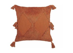 4255664800848 - Dekokissen Orange Baumwolle 45 x 45 cm Bezug mit Füllung Reißverschluss Geometrisches Muster Strukturiert Quasten Boho Wohnzimmer Schlafzimmer