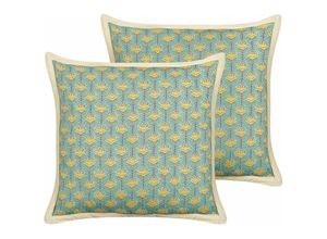 4255664801067 - Beliani - Dekokissen 2er Set Blau und Gelb Baumwolle 45 x 45 cm Bezug mit Füllung Reißverschluss Papsel Blumenmuster Retro Wohnzimmer Schlafzimmer