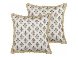 4255664801104 - Beliani - Dekokissen 2er Set Cremeweiß Baumwolle 45 x 45 cm Bezug mit Füllung Reißverschluss Fransen Blumenmuster Klassisch Wohnzimmer Schlafzimmer