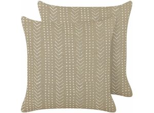 4255664801210 - Beliani - Dekokissen 2er Set Taupe Baumwolle 45 x 45 cm Bezug mit Füllung Reißverschluss Geometrisches Muster Boho Modern Wohnzimmer Schlafzimmer Deko