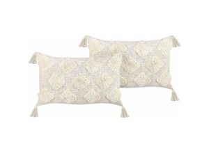 4255664801289 - Dekokissen 2er Set Hellbeige Baumwolle 35 x 55 cm Bezug mit Füllung Reißverschluss Quasten Geometrisches Muster Boho Wohnzimmer Schlafzimmer