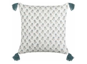 4255664801708 - Dekokissen Weiß und Blau Baumwolle 45 x 45 cm Bezug mit Füllung Reißverschluss Quasten Blumenmuster Boho Wohnzimmer Schlafzimmer Deko für Bett - Weiß