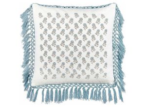 4255664801715 - Dekokissen Weiß und Blau Baumwolle 45 x 45 cm Bezug mit Füllung Reißverschluss Fransen Blumenmuster Boho Wohnzimmer Schlafzimmer Deko für Bett - Weiß