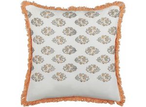 4255664801722 - Beliani - Dekokissen Weiß und Orange Baumwolle 45 x 45 cm Bezug mit Füllung Reißverschluss Fransen Blumenmuster Boho Wohnzimmer Schlafzimmer Deko