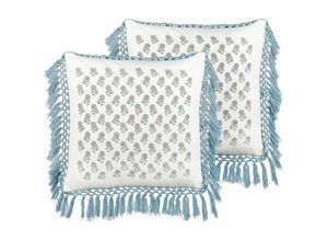 4255664801807 - Dekokissen 2er Set Weiß und Blau Baumwolle 45 x 45 cm Bezug mit Füllung Reißverschluss Fransen Blumenmuster Boho Wohnzimmer Schlafzimmer Deko für Bett