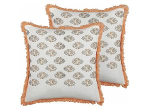 4255664801814 - Dekokissen 2er Set Weiß und Orange Baumwolle 45 x 45 cm Bezug mit Füllung Reißverschluss Fransen Blumenmuster Boho Wohnzimmer Schlafzimmer Deko - Weiß